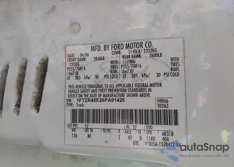 2006 Ford Ranger Fx4 Level Ii/Fx4 Off-Road/Sport/Xlt z USA, uszkodzony, nr VIN 1FTZR45E26PA91426